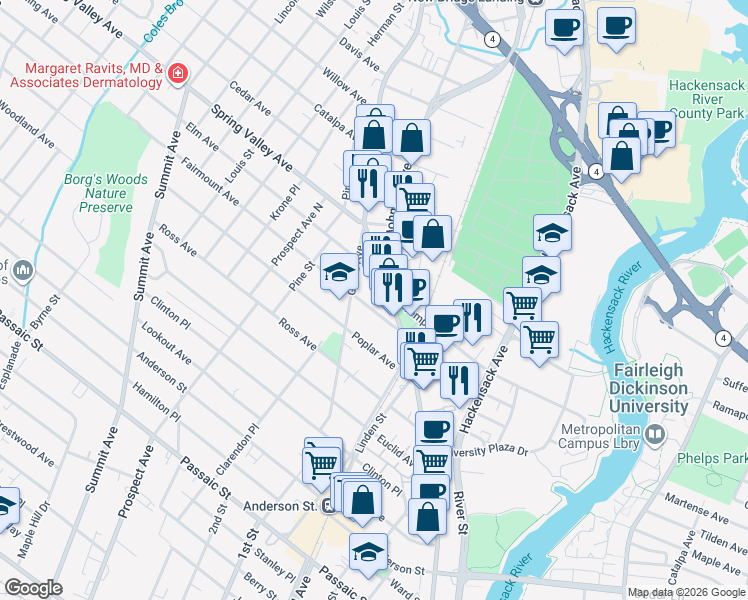 map of restaurants, bars, coffee shops, grocery stores, and more near 22 Fairmount Avenue in Hackensack
