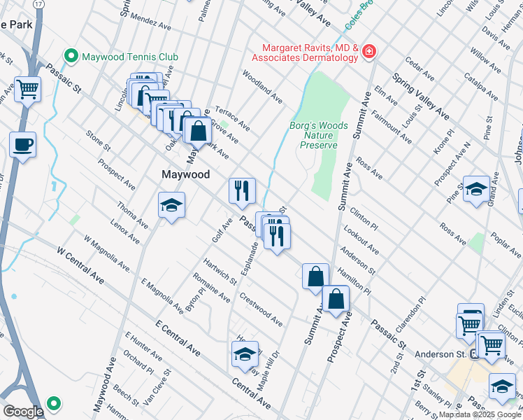 map of restaurants, bars, coffee shops, grocery stores, and more near 17 Byrne Street in Hackensack