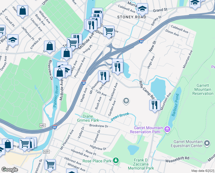 map of restaurants, bars, coffee shops, grocery stores, and more near 12 Randazzo Lane in Woodland Park