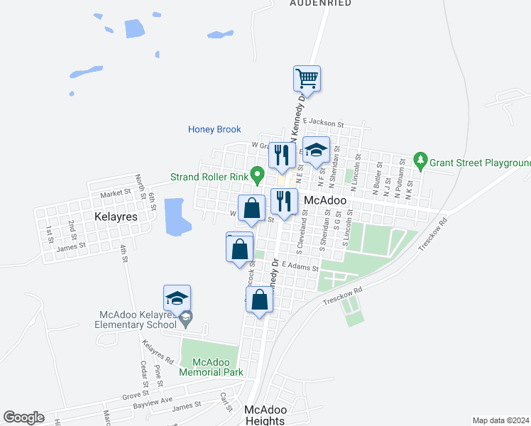 map of restaurants, bars, coffee shops, grocery stores, and more near 37 West Sherman Street in McAdoo