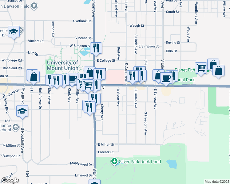 map of restaurants, bars, coffee shops, grocery stores, and more near 138 East Mill Street in Alliance