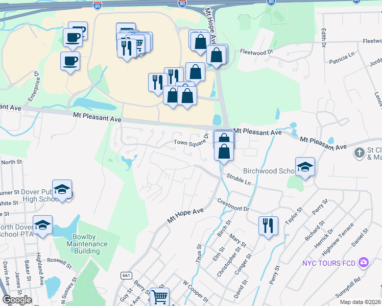 map of restaurants, bars, coffee shops, grocery stores, and more near 22 Schindler Drive in Rockaway