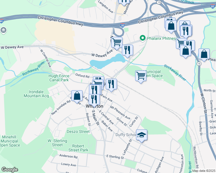 map of restaurants, bars, coffee shops, grocery stores, and more near 29 Washington Street in Wharton