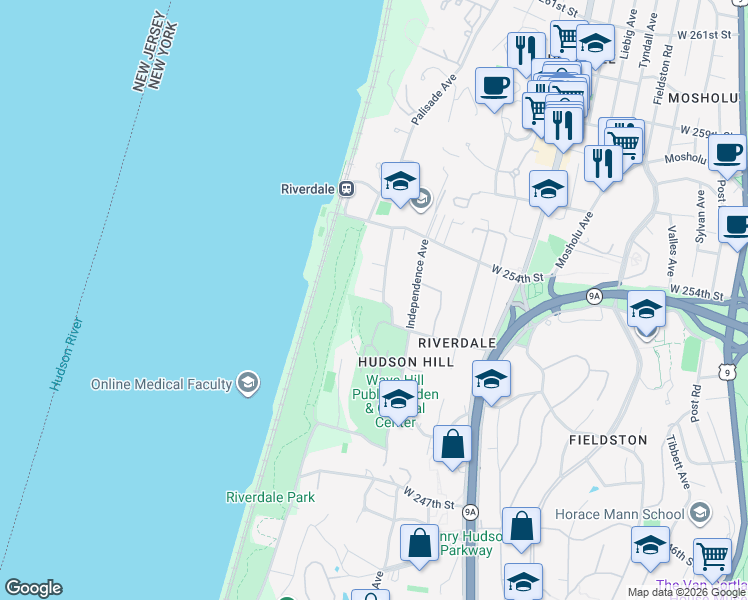 map of restaurants, bars, coffee shops, grocery stores, and more near 675 West 249th Street in Bronx