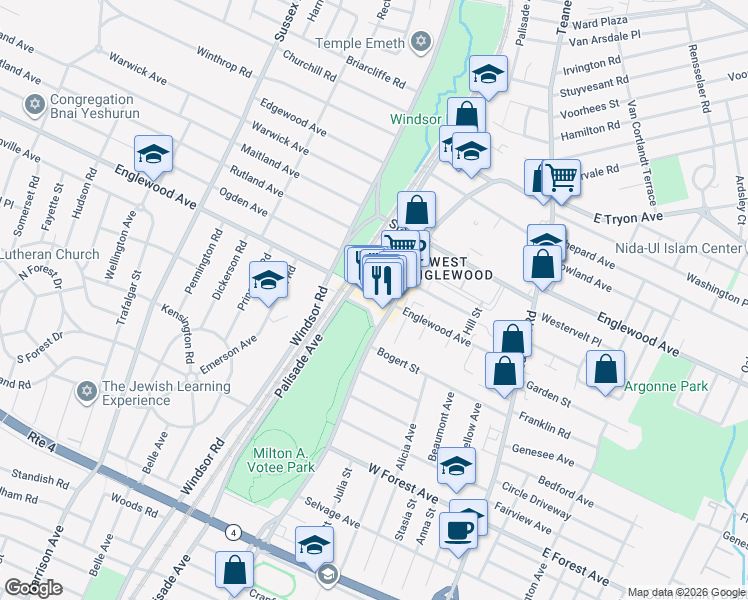 map of restaurants, bars, coffee shops, grocery stores, and more near 190 West Englewood Avenue in Teaneck