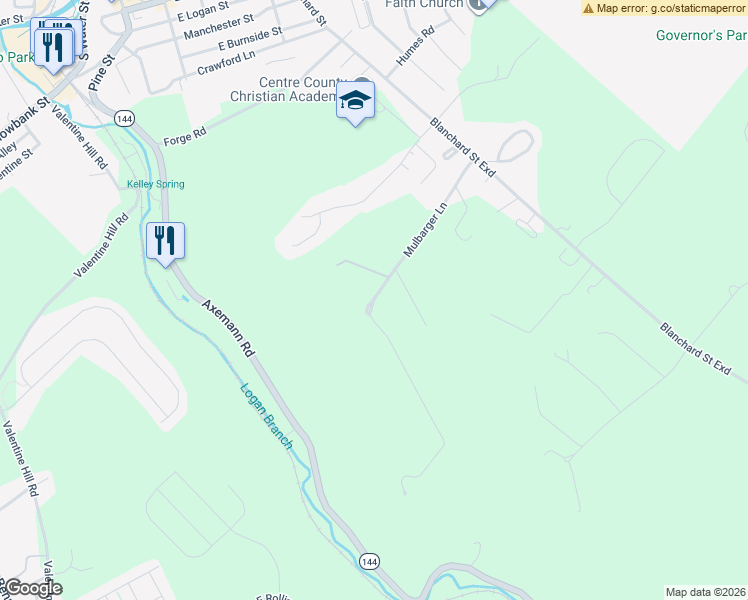 map of restaurants, bars, coffee shops, grocery stores, and more near 100 Mulbarger Lane in Bellefonte