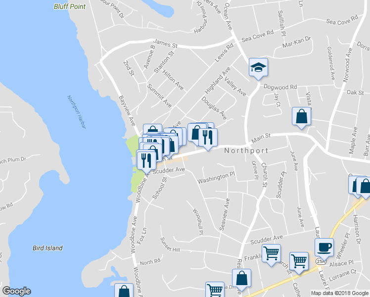 map of restaurants, bars, coffee shops, grocery stores, and more near 189 Main Street in Northport