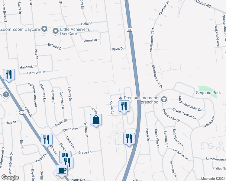 map of restaurants, bars, coffee shops, grocery stores, and more near 35 Navajo Court in Coram