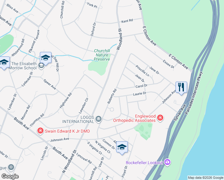 map of restaurants, bars, coffee shops, grocery stores, and more near 59 Roberts Road in Englewood Cliffs