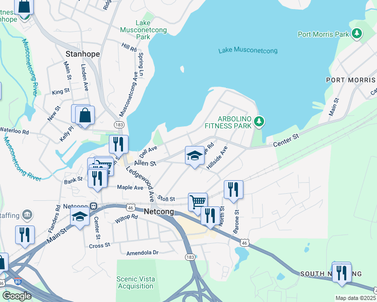 map of restaurants, bars, coffee shops, grocery stores, and more near 62 Allen Street in Netcong