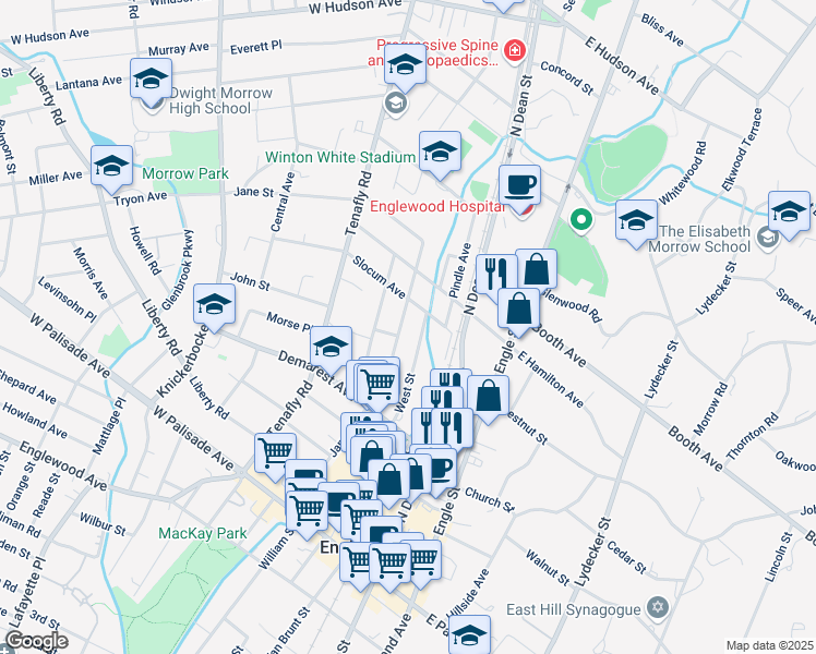 map of restaurants, bars, coffee shops, grocery stores, and more near 181 West Street in Englewood