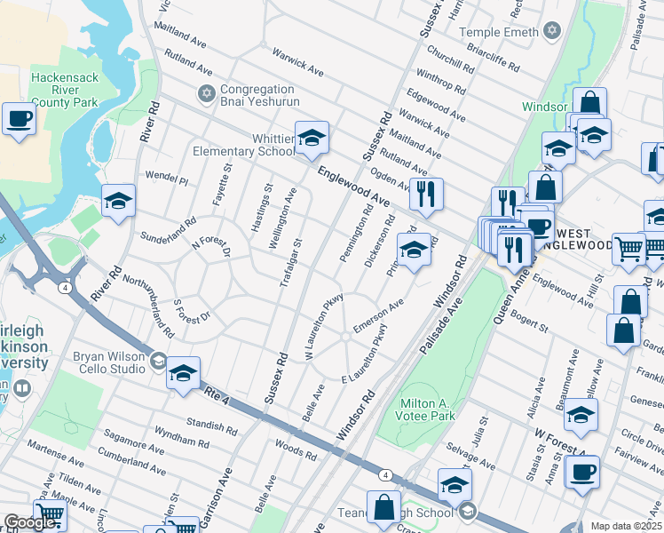 map of restaurants, bars, coffee shops, grocery stores, and more near 1265 Pennington Road in Teaneck