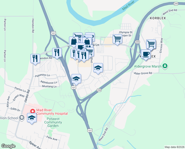 map of restaurants, bars, coffee shops, grocery stores, and more near 1350 Hallen Drive in Arcata