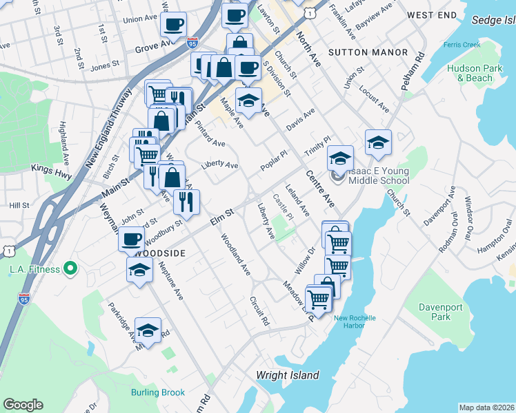 map of restaurants, bars, coffee shops, grocery stores, and more near 22 Meadow Lane in New Rochelle