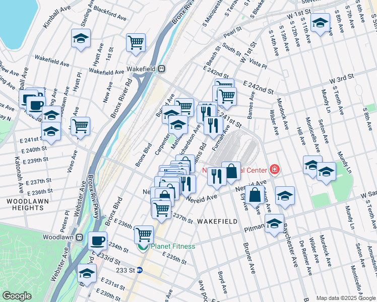 map of restaurants, bars, coffee shops, grocery stores, and more near 4510 White Plains Road in Bronx