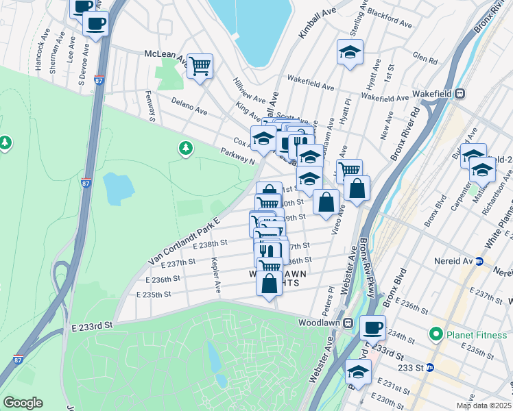 map of restaurants, bars, coffee shops, grocery stores, and more near 4350 Katonah Avenue in Bronx