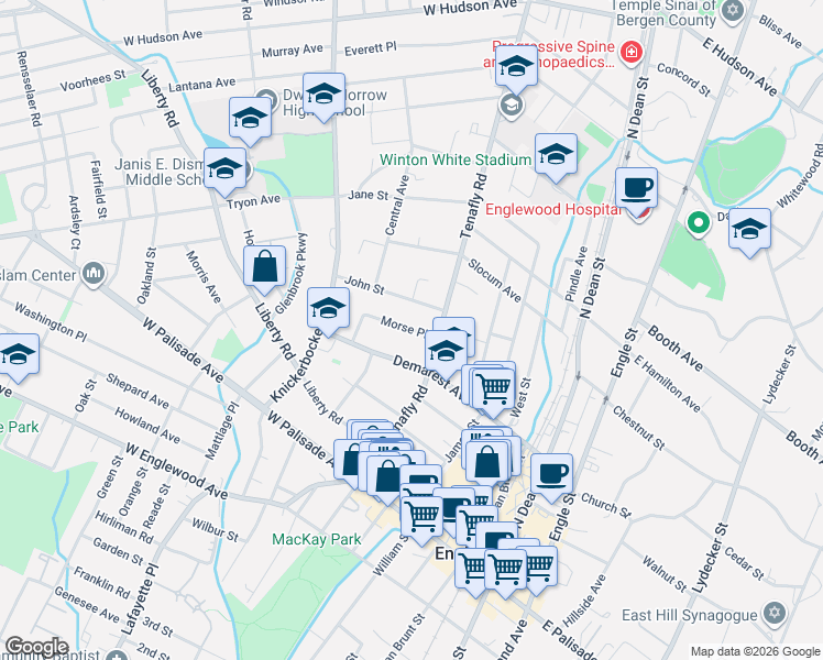 map of restaurants, bars, coffee shops, grocery stores, and more near 128 Tenafly Road in Englewood