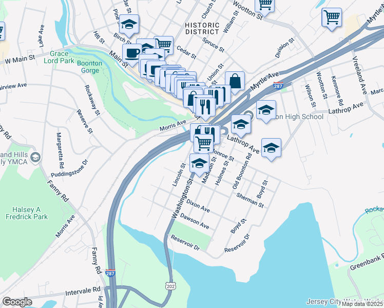 map of restaurants, bars, coffee shops, grocery stores, and more near 86 Grant Street in Boonton
