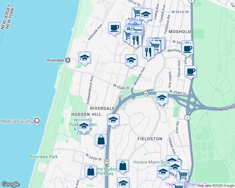map of restaurants, bars, coffee shops, grocery stores, and more near 5923 Riverdale Avenue in Bronx