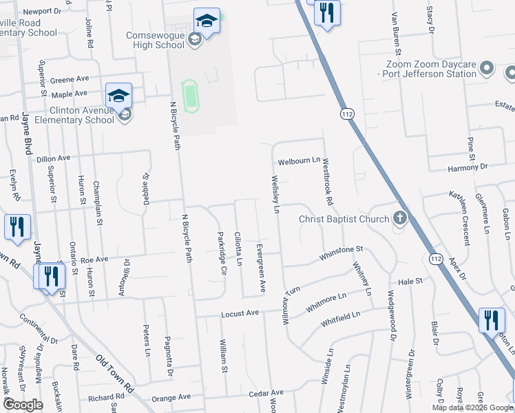 map of restaurants, bars, coffee shops, grocery stores, and more near 32 Evergreen Avenue in Port Jefferson Station