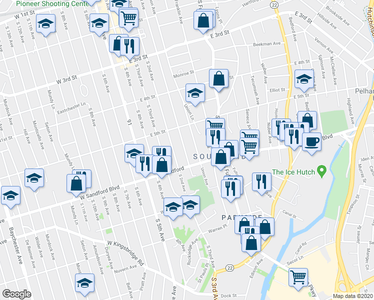 map of restaurants, bars, coffee shops, grocery stores, and more near 443 South 1st Avenue in Mount Vernon
