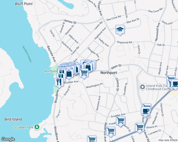 map of restaurants, bars, coffee shops, grocery stores, and more near 240 Main Street in Northport