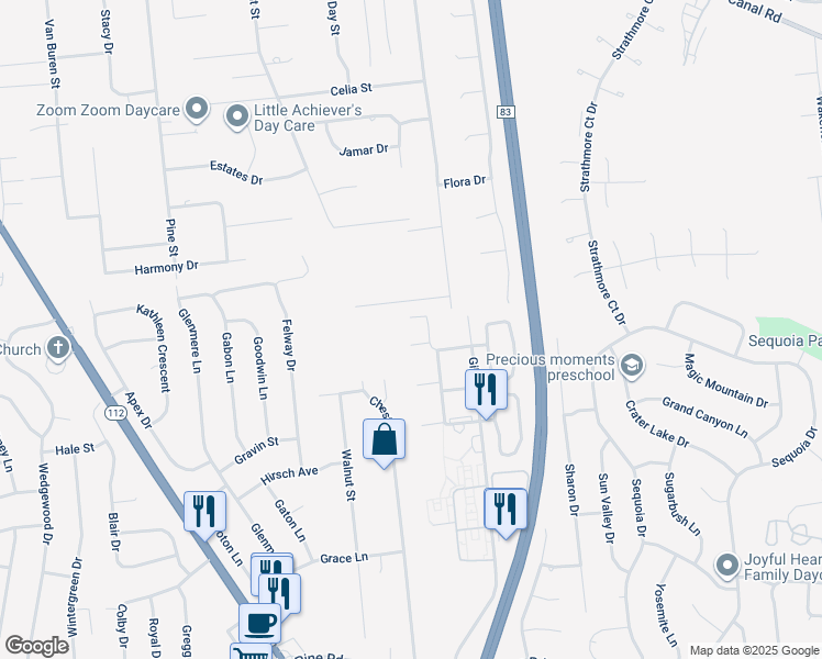 map of restaurants, bars, coffee shops, grocery stores, and more near 34 Kiowa Court in Coram