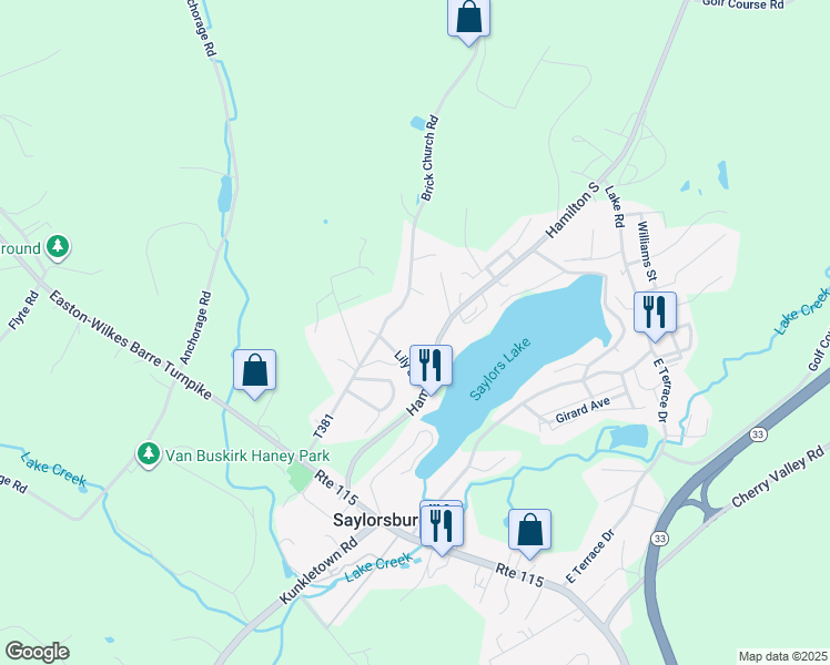 map of restaurants, bars, coffee shops, grocery stores, and more near 222 Lily Street in Saylorsburg