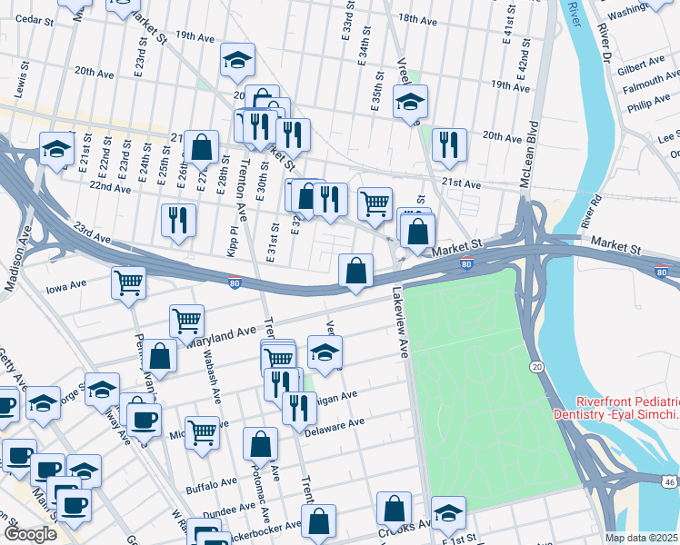 map of restaurants, bars, coffee shops, grocery stores, and more near 685 East 34th Street in Paterson