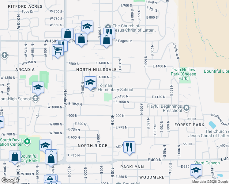 map of restaurants, bars, coffee shops, grocery stores, and more near 427 East 1050 North in Bountiful
