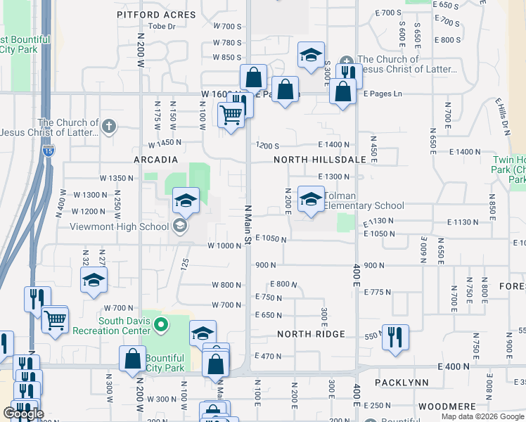 map of restaurants, bars, coffee shops, grocery stores, and more near 1145 North 200 East in Bountiful
