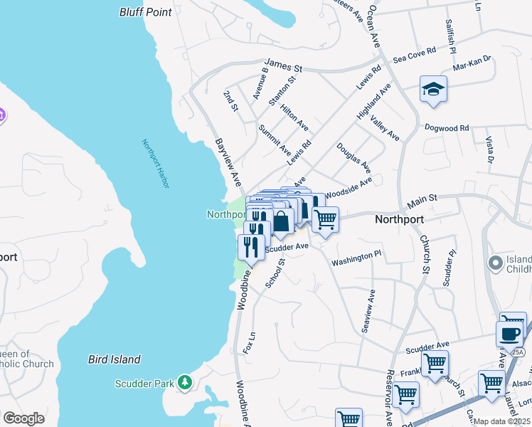 map of restaurants, bars, coffee shops, grocery stores, and more near 6 Bayview Avenue in Northport