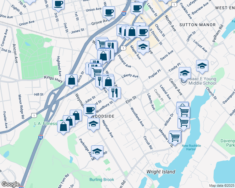 map of restaurants, bars, coffee shops, grocery stores, and more near 157 Elm Street in New Rochelle