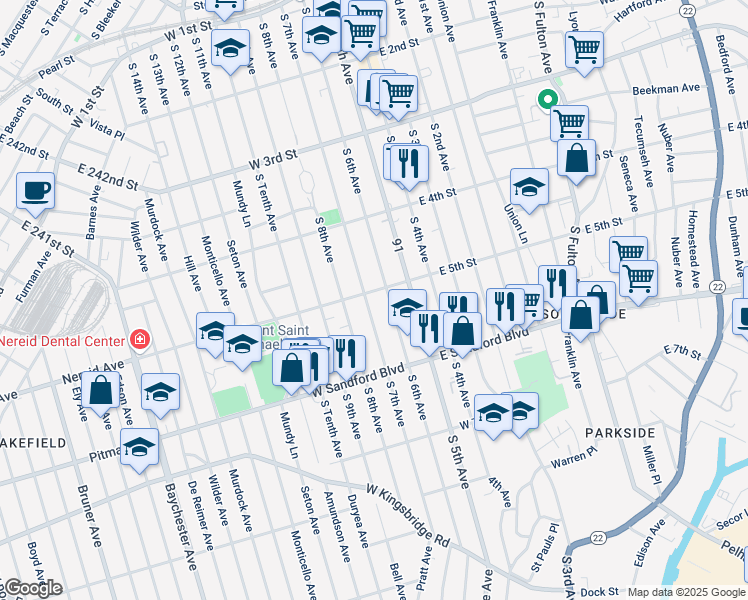 map of restaurants, bars, coffee shops, grocery stores, and more near 424 South 7th Avenue in Mount Vernon