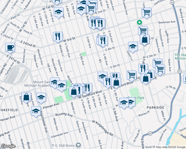 map of restaurants, bars, coffee shops, grocery stores, and more near 424 South 7th Avenue in Mount Vernon