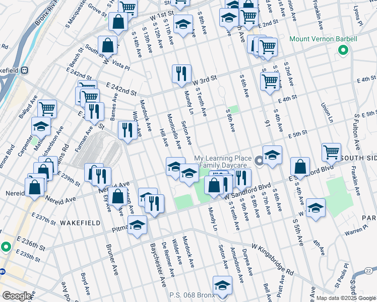 map of restaurants, bars, coffee shops, grocery stores, and more near 4409 Monticello Avenue in The Bronx