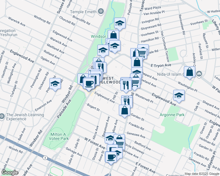 map of restaurants, bars, coffee shops, grocery stores, and more near 78 Walraven Drive in Teaneck