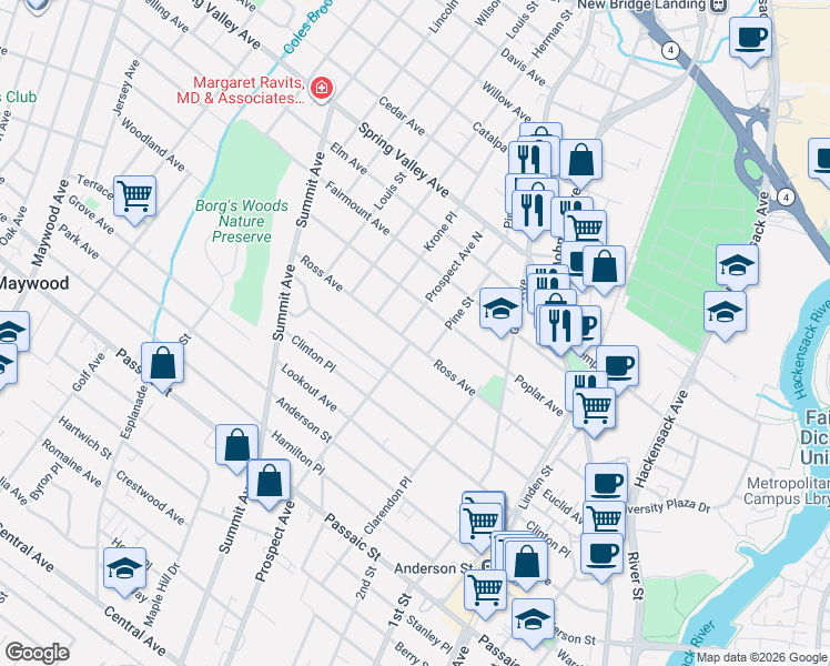 map of restaurants, bars, coffee shops, grocery stores, and more near 560 Prospect Avenue in Hackensack