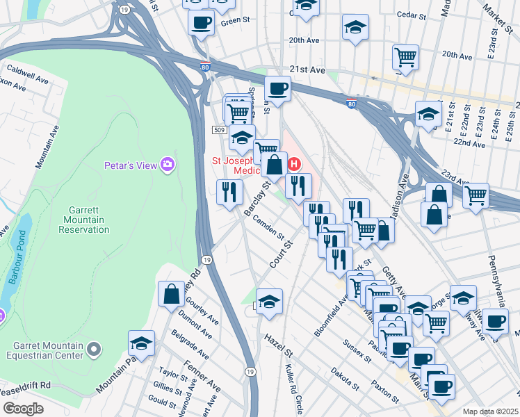 map of restaurants, bars, coffee shops, grocery stores, and more near 725 Camden Street in Paterson