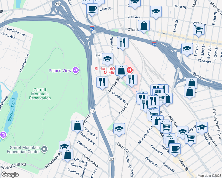 map of restaurants, bars, coffee shops, grocery stores, and more near 56 Canal Street in Paterson