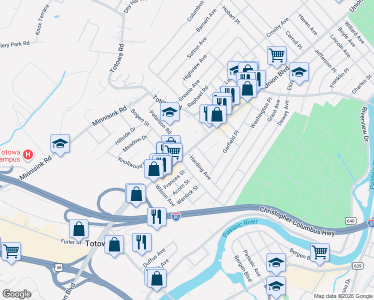 map of restaurants, bars, coffee shops, grocery stores, and more near 510 Union Boulevard in Totowa