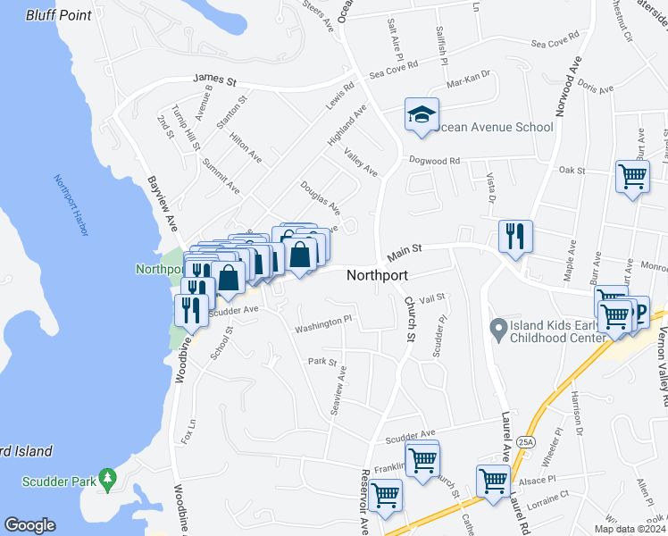 map of restaurants, bars, coffee shops, grocery stores, and more near 22 Johnston Avenue in Northport