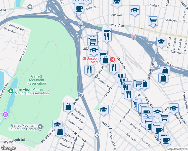 map of restaurants, bars, coffee shops, grocery stores, and more near 56 Canal Street in Paterson