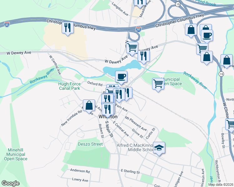 map of restaurants, bars, coffee shops, grocery stores, and more near 19 Kossuth Avenue in Wharton