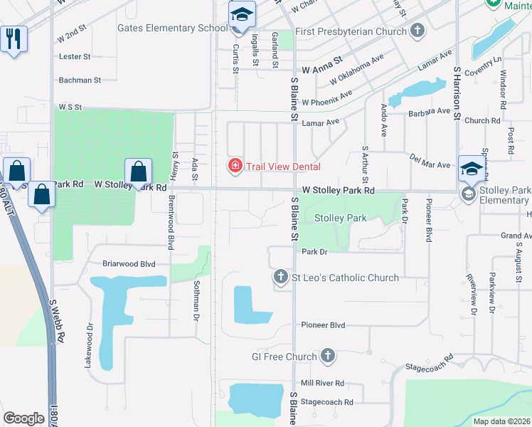 map of restaurants, bars, coffee shops, grocery stores, and more near 2701-2799 Stewart Dr in Grand Island