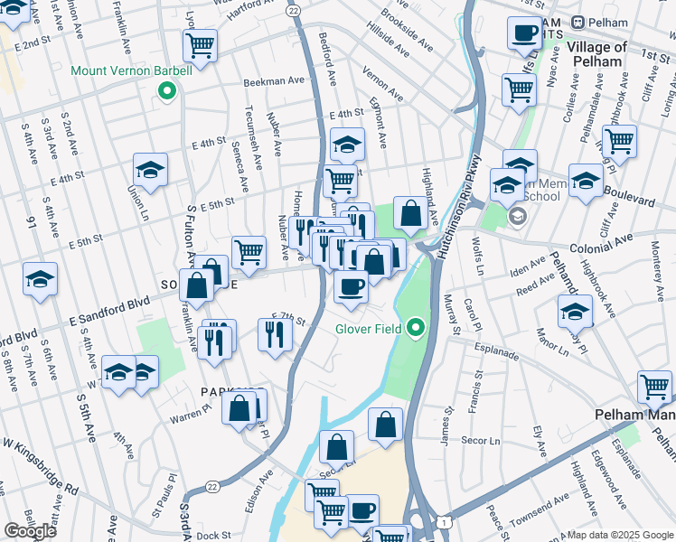 map of restaurants, bars, coffee shops, grocery stores, and more near 25 Colonial Place in Mount Vernon