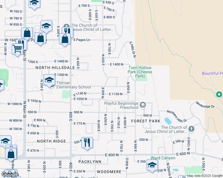 map of restaurants, bars, coffee shops, grocery stores, and more near 662 East 1200 North in Bountiful