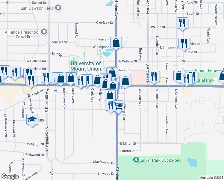 map of restaurants, bars, coffee shops, grocery stores, and more near 2 West State Street in Alliance