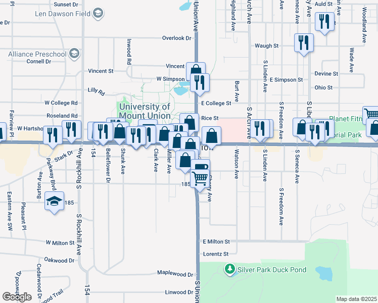 map of restaurants, bars, coffee shops, grocery stores, and more near 2 West State Street in Alliance
