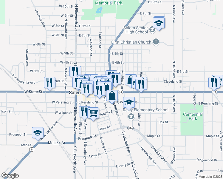 map of restaurants, bars, coffee shops, grocery stores, and more near 117 North Lincoln Avenue in Salem